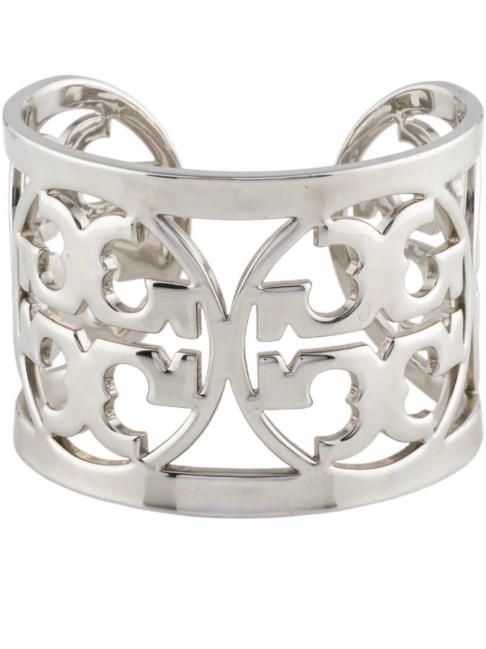 ✨ Tory Burch Wide Cutout Double T Logo Cuff Bracelet Silver Filigree ✨